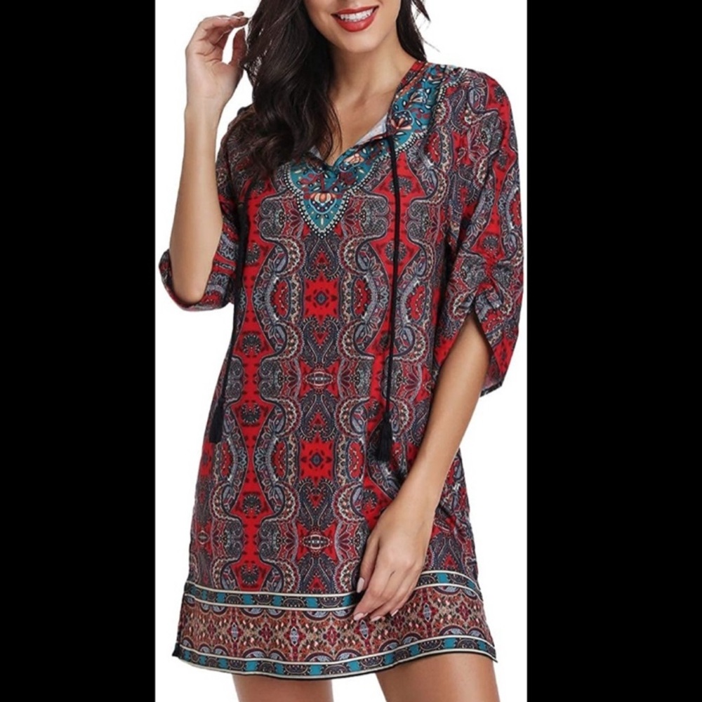 Urban Coco Bohemian Shift Dress Ruched 3/4 Sleeve Medium